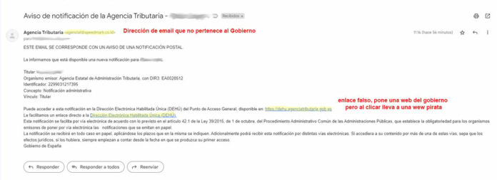 AVISO ESTAFA: E-mail fraudulento de la Agencia Tributaria con un aviso de notificación