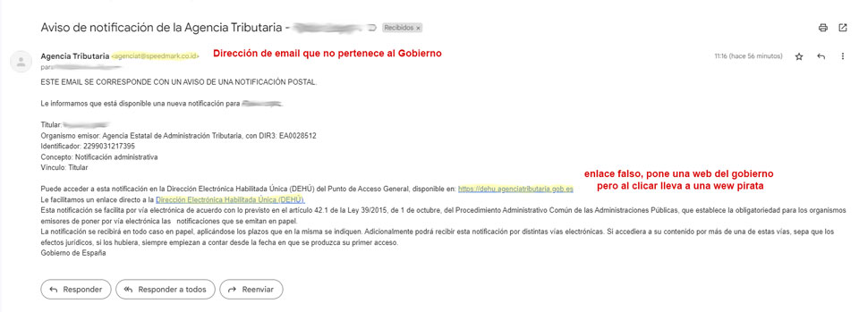 AVISO ESTAFA: E-mail fraudulento de la Agencia Tributaria con un aviso de notificación